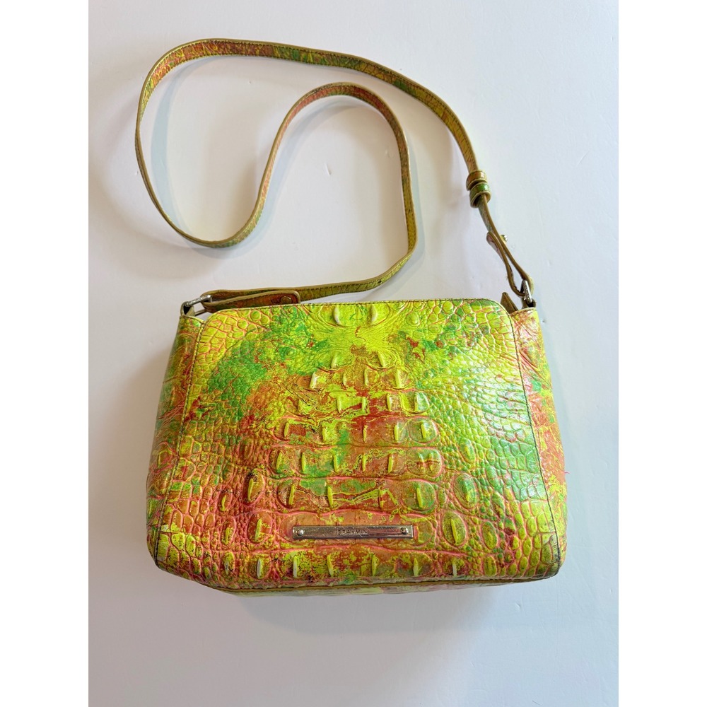 Brahmin Neon Lime Green Orange Croc Embossed Leather Crossbody Bag